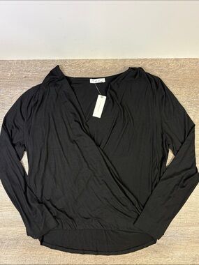 Anthropologie On the Road Black Faux Wrap Long Sleeve Top XL NWT Made in USA